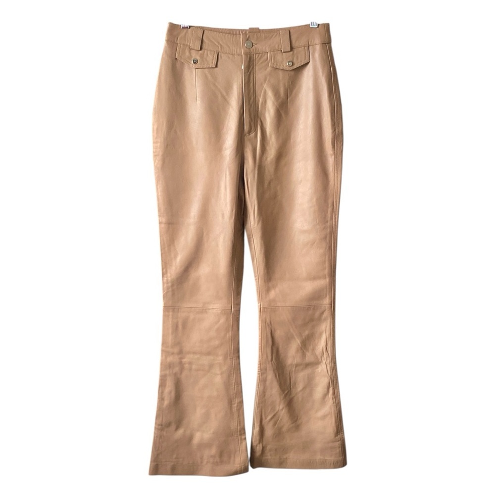 Karen Millen Women’s 100% Lamb Nappa Leather High Rise Flared Tan Pants Size 6
